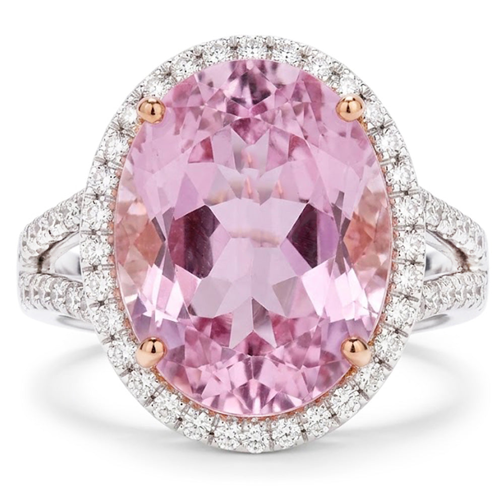 Pink Kunzite And Natural Earth Mined Diamonds 28.50 Carats Wedding Ring Gold 14K