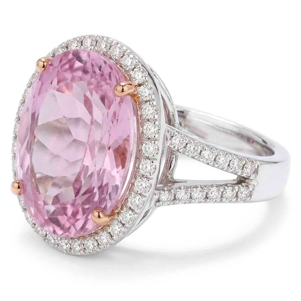 Pink Kunzite And Natural Earth Mined Diamonds 28.50 Carats Wedding Ring Gold 14K