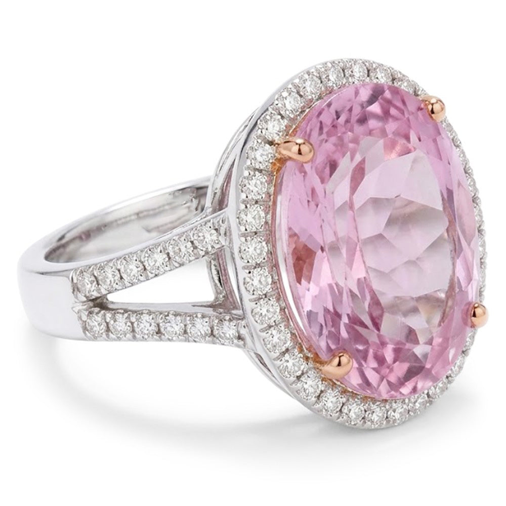 Pink Kunzite And Natural Earth Mined Diamonds 28.50 Carats Wedding Ring Gold 14K