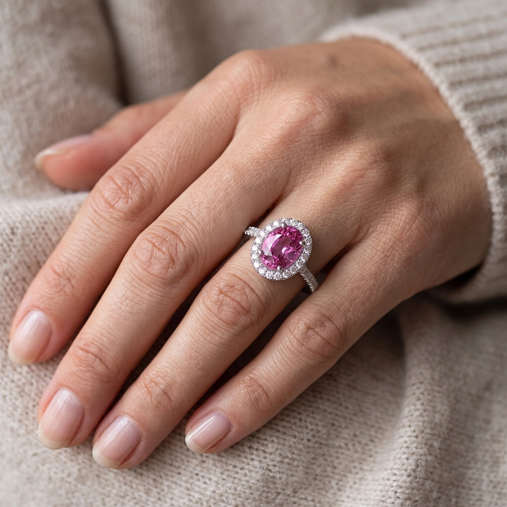 Pink Sapphire Halo Natural Earth Mined Diamond Ring
