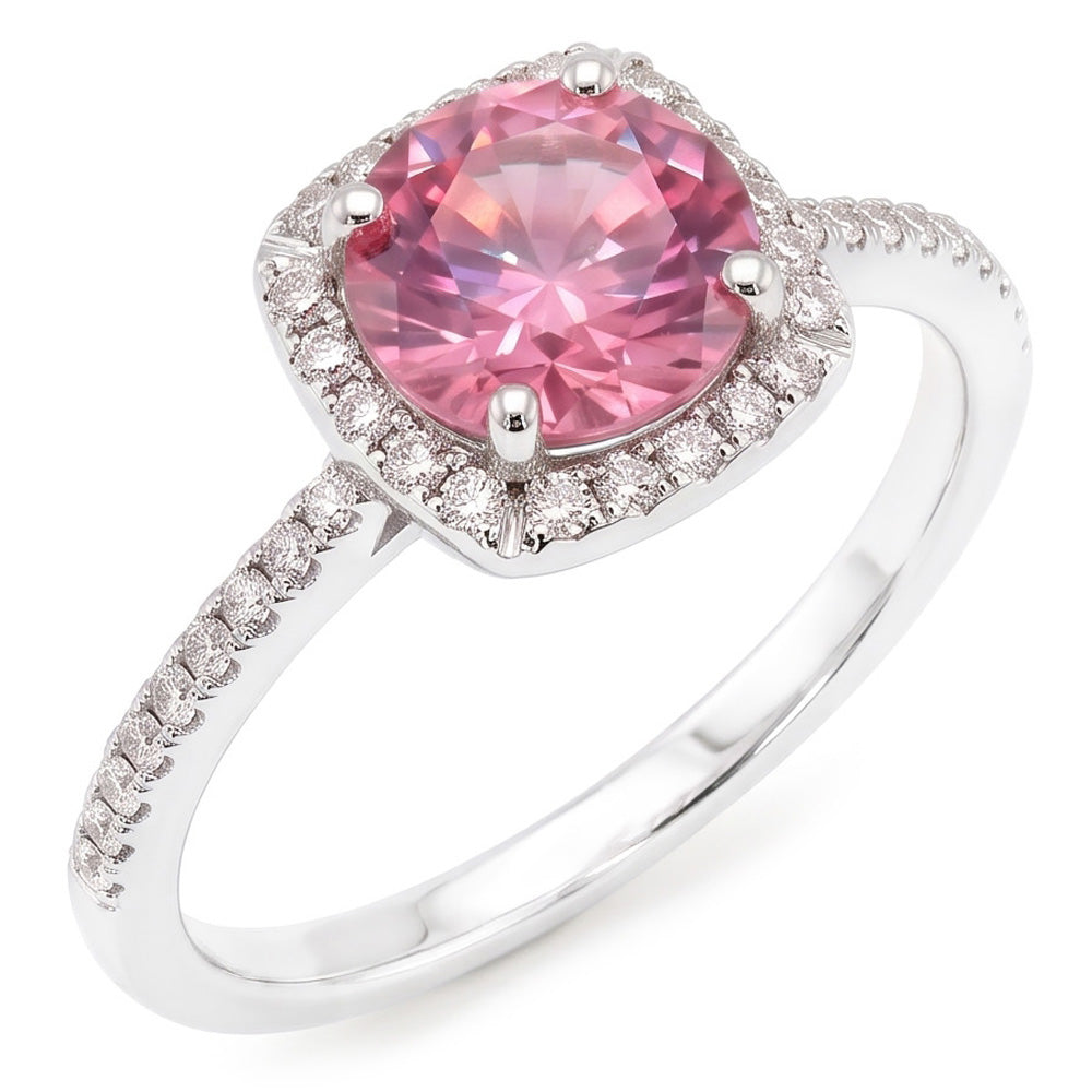 Pink Sapphire Round Center WG Solitaire With Accents Ring 1.15 Ct.