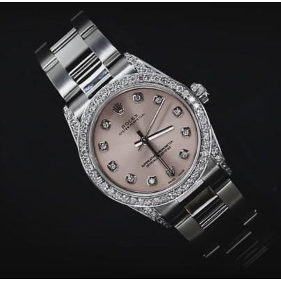 Pink Dial Rolex Watch Custom Diamond Bezel Midsize 31Mm No Date Ss