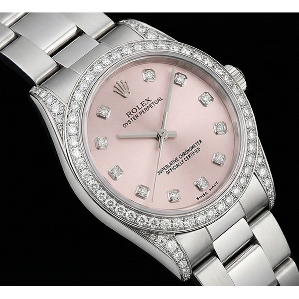 Pink Dial Rolex Watch Custom Diamond Bezel Midsize 31Mm No Date Ss