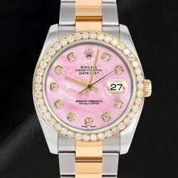 Pink Mother Of Pearl Natural Earth Mined Diamond Dial 36 mm Rolex Datejust Two Tone Watch Oyster Bracelet