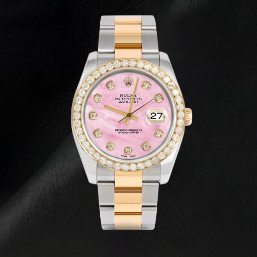 Pink Mother Of Pearl Diamond Dial 36 mm Rolex Datejust Two Tone Watch Oyster Bracelet