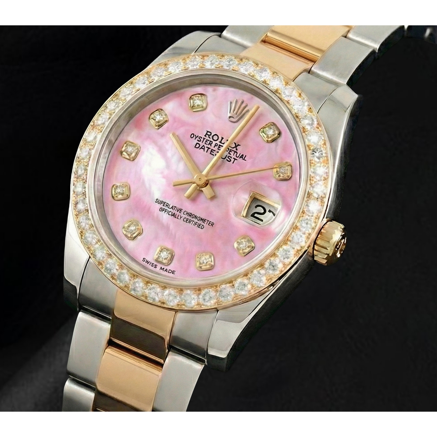 Pink Mother Of Pearl Natural Earth Mined Diamond Dial 36 mm Rolex Datejust Two Tone Watch Oyster Bracelet