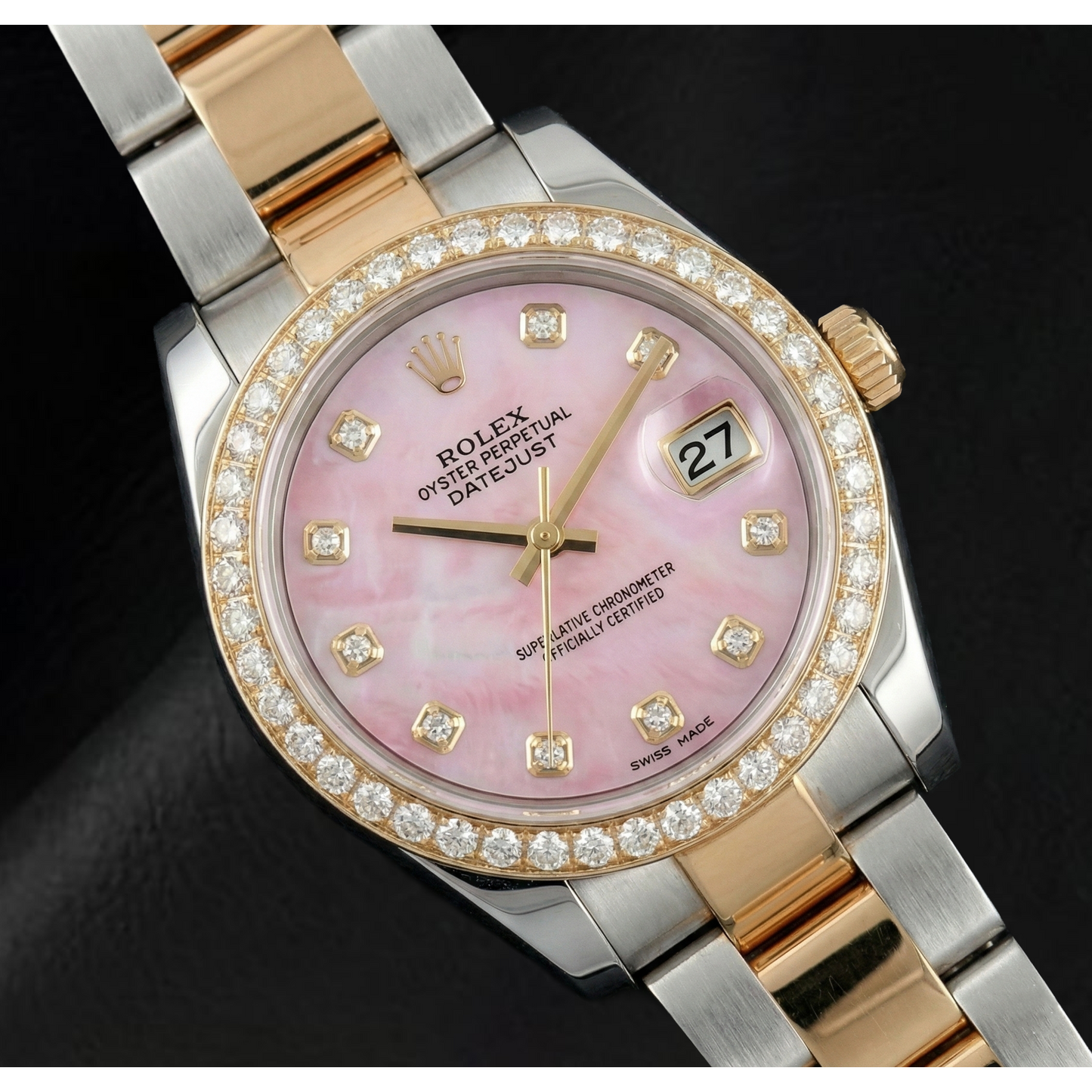 Pink Mother Of Pearl Natural Earth Mined Diamond Dial 36 mm Rolex Datejust Two Tone Watch Oyster Bracelet