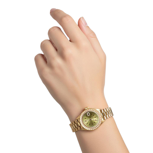 President Style Champagne Stick Dial Dg Watch Natural Earth Mined Diamond Bezel Rolex P2