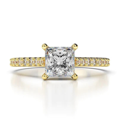 Princess And Round Cut 3 Carats Real Diamonds Wedding Ring Yellow Gold 14K