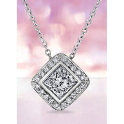 Princess And Round Halo 4 Ct. Genuine Diamond Necklace Pendant White Gold 14K
