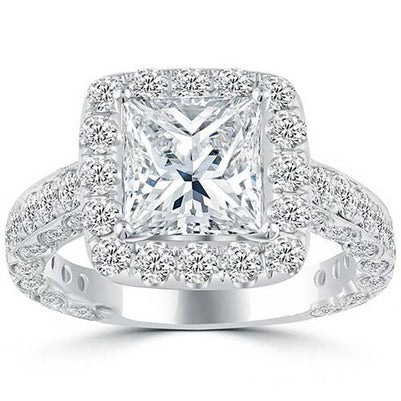 Princess And Round Halo Genuine Diamond Ring 4.00 Carats Gold White