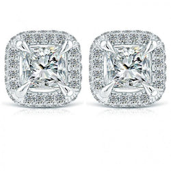 Princess And Round Halo Real Diamond Earring Gold White Pave Setting 4 Ct