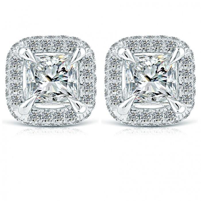 Princess And Round Halo Real Diamond Earring Gold White Pave Setting 4 Ct