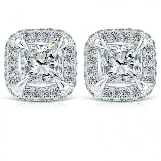 Princess And Round Halo Real Diamond Earring Gold White Pave Setting 4 Ct