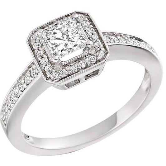 Princess And Round Halo Real Diamond Ring 2.60 Carats White Gold 14K