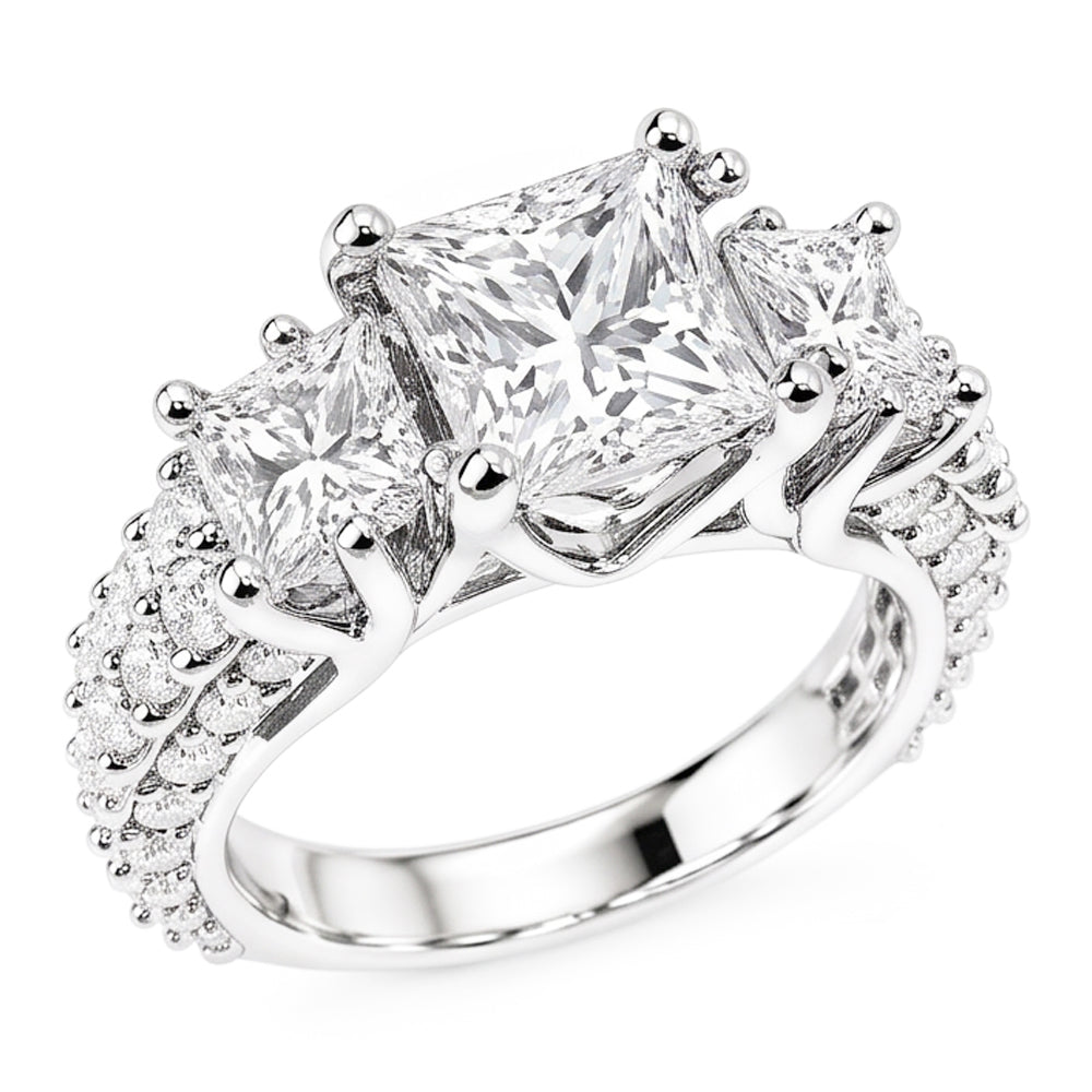 Princess And Round Real Natural Earth Mined DIAMOND ( NOT LAB GROWN ) 3 Stone Style Engagement Ring 3.50 Carats