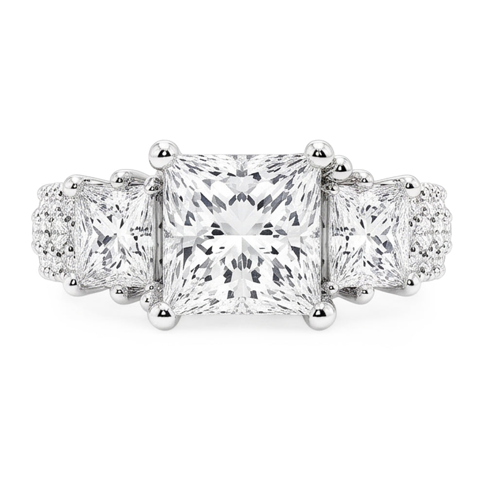 Princess And Round Real Natural Earth Mined DIAMOND ( NOT LAB GROWN ) 3 Stone Style Engagement Ring 3.50 Carats