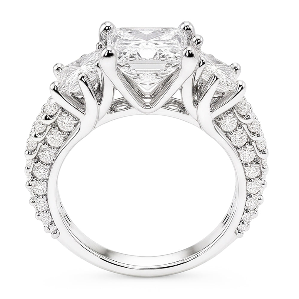 Princess And Round Real Natural Earth Mined DIAMOND ( NOT LAB GROWN ) 3 Stone Style Engagement Ring 3.50 Carats