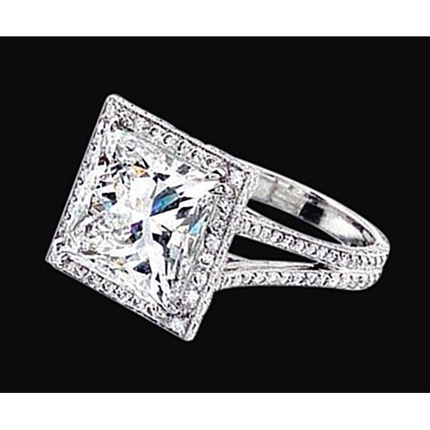 Princess Center Real Diamond Double Row Halo Ring 2.55 Carat White Gold 14K