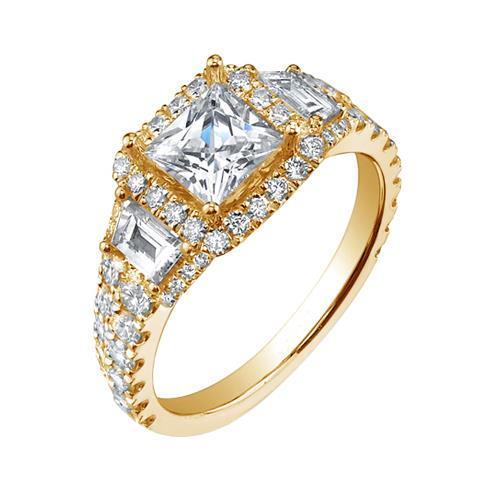 Princess Center Real Diamond Halo Engagement Ring 3.51 Cts. Yellow Gold