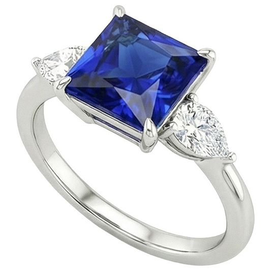 Princess Ceylon Sapphire & Pear Natural Earth Mined Diamond 3 Stone Ring 4 Carats