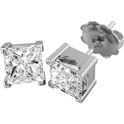 Princess Cut 3 Carats Real Diamond Stud Earring White Gold