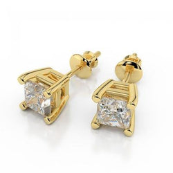 Princess Cut 3.50 Carats Genuine Diamonds Studs Earrings 14K Yellow Gold