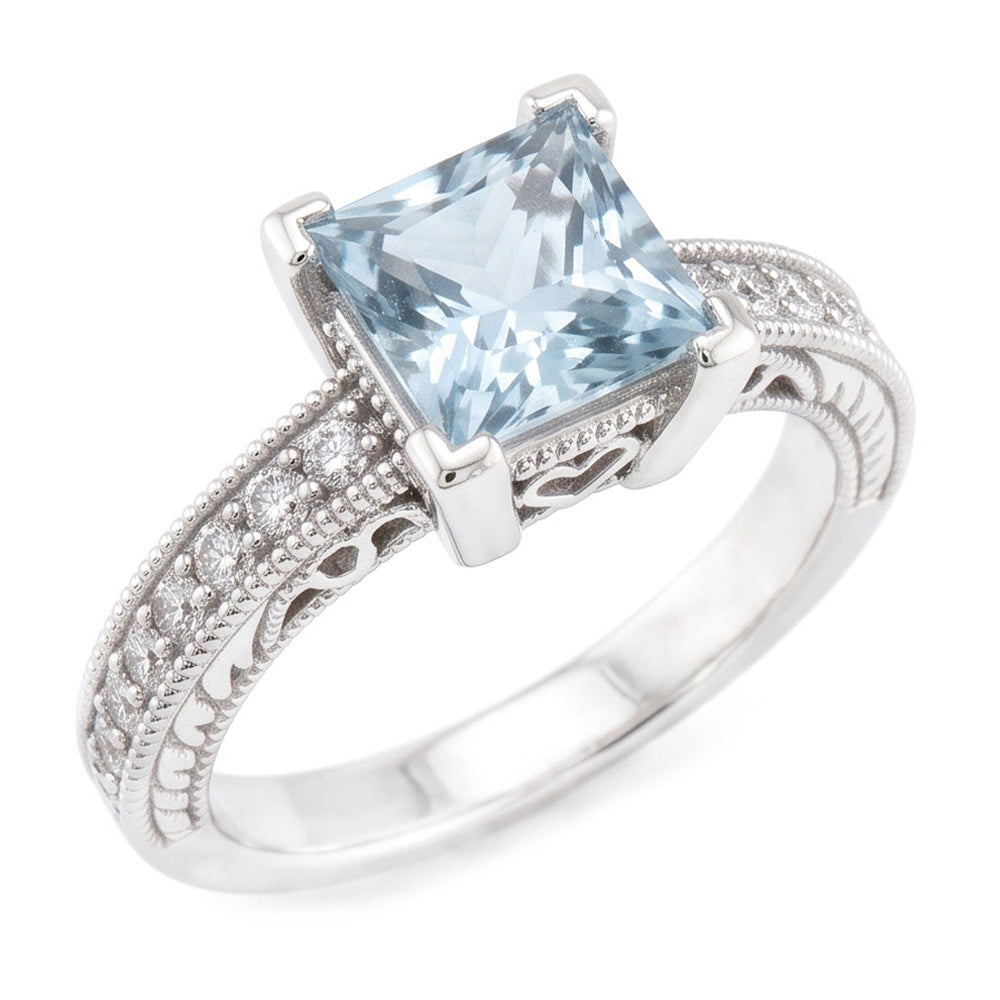 Princess Cut Aquamarine With Round Natural Earth Mined Diamonds 16 Ct Ring White Gold