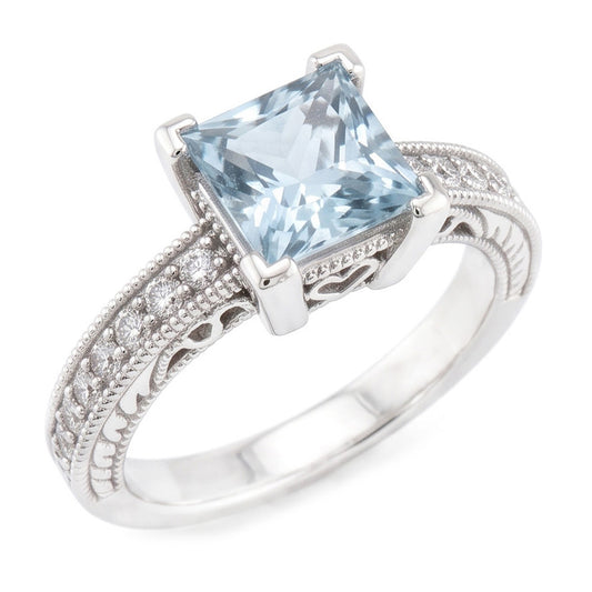 Princess Cut Aquamarine With Round Natural Earth Mined Diamonds 16 Ct Ring White Gold