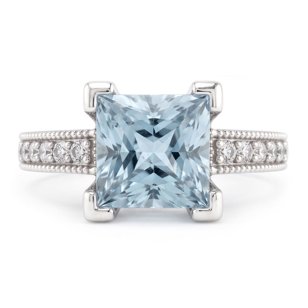 Princess Cut Aquamarine With Round Natural Earth Mined Diamonds 16 Ct Ring White Gold