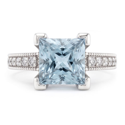 Princess Cut Aquamarine With Round Natural Earth Mined Diamonds 16 Ct Ring White Gold