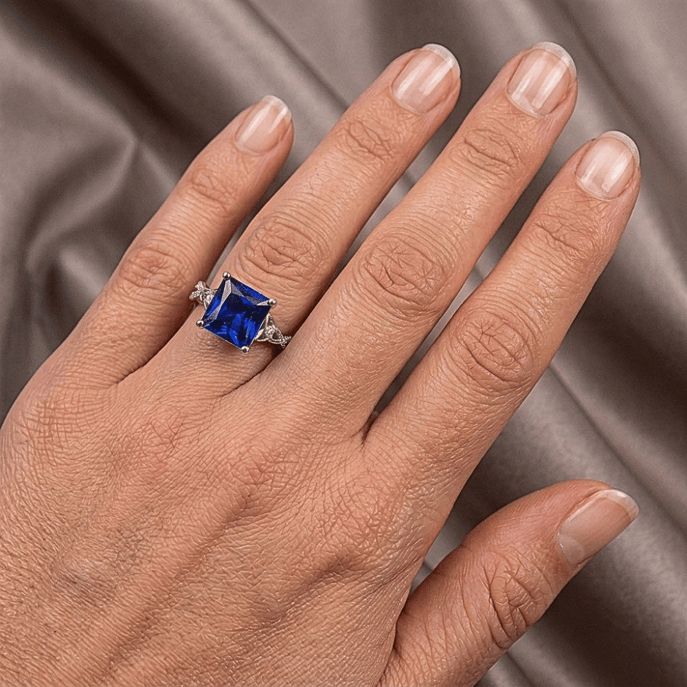 Princess Cut Blue Sapphire Natural Earth Mined Diamond Ring Gold Twisted Shank 4 Carats
