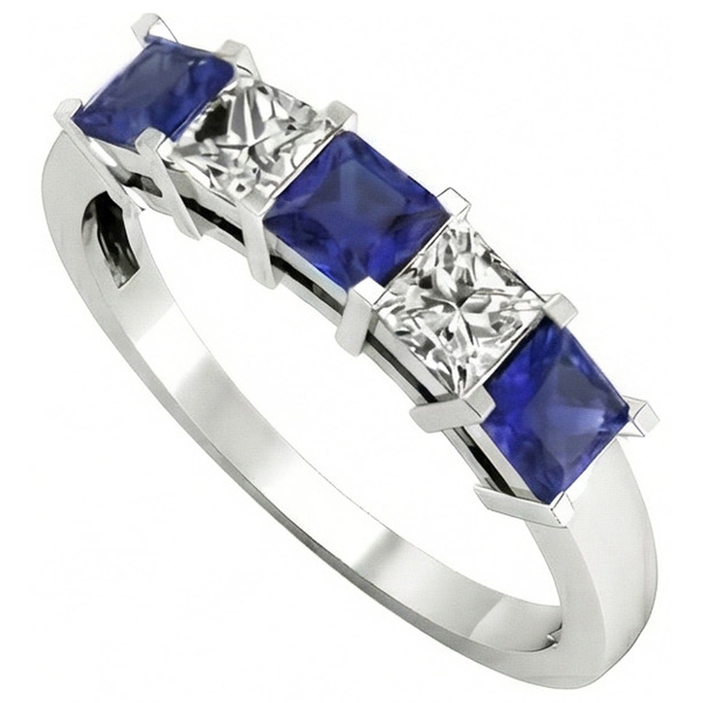 Princess Cut Ceylon Sapphire Natural Earth Mined DIAMOND ( NOT LAB GROWN )s 5 Stone Ring 1.75 Ct