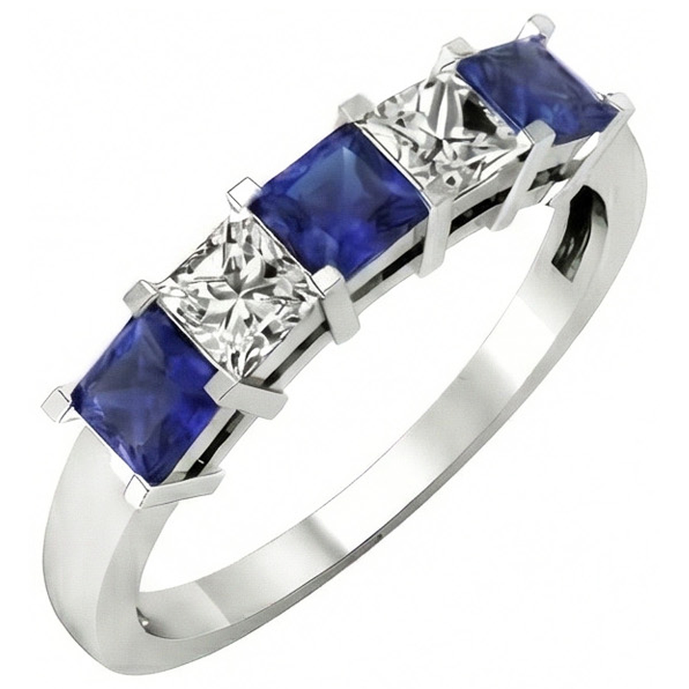 Princess Cut Ceylon Sapphire Natural Earth Mined DIAMOND ( NOT LAB GROWN )s 5 Stone Ring 1.75 Ct