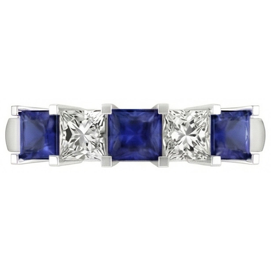 Princess Cut Ceylon Sapphire Natural Earth Mined DIAMOND ( NOT LAB GROWN )s 5 Stone Ring 1.75 Ct