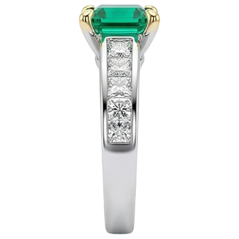 Colombian Emerald Precious Stone Ring 4-ct 14 Karat Two Tone Gold – top view