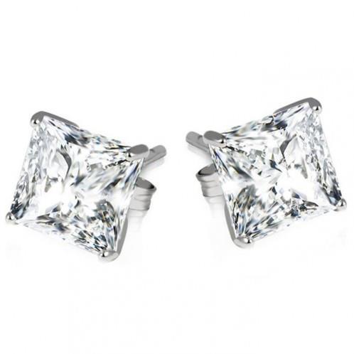 Princess Cut Real Diamond 2.60 Ct Stud Earrings Solid White Gold Jewelry