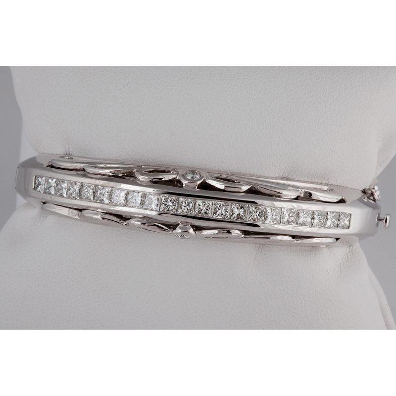 Princess Cut Real Diamond Bangle Solid White Gold 14K 5.50 Ct
