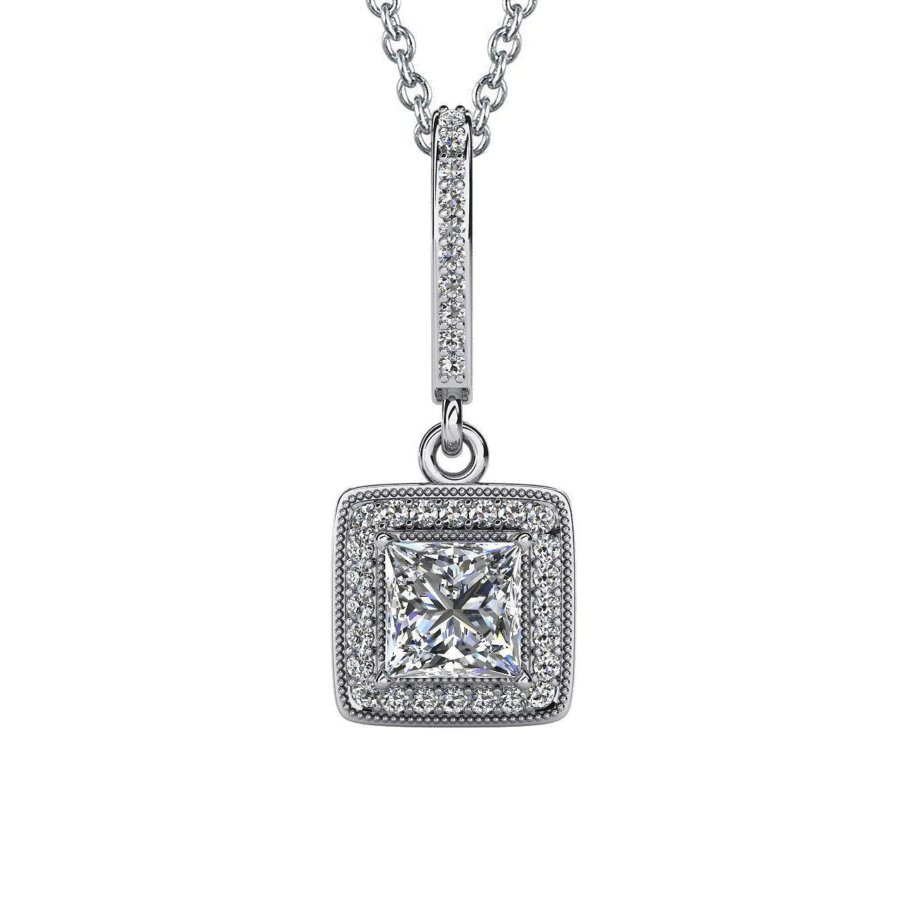 Princess Cut Real Diamond Drop Pendant Necklace 4.35 Carats White Gold 14K