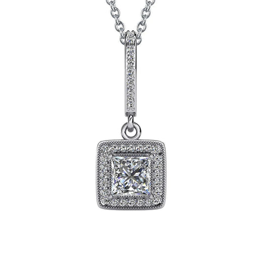 Princess Cut Real Diamond Drop Pendant Necklace 4.35 Carats White Gold 14K