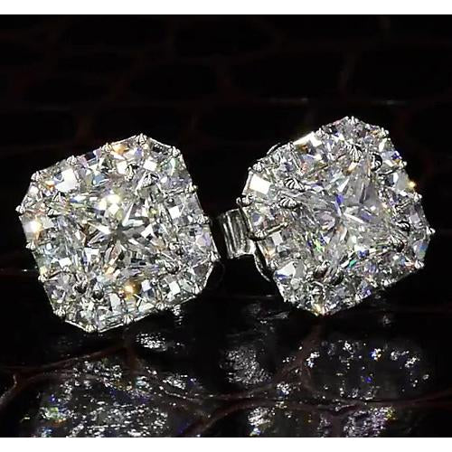 Princess Cut Real Diamond Halo Style Stud Earring 4 Carats White Gold 14K