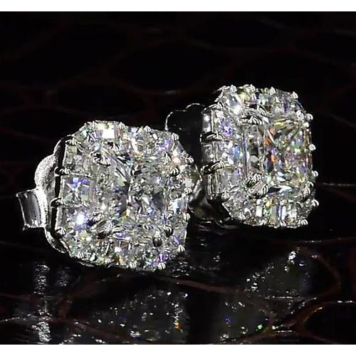 Princess Cut Real Diamond Halo Style Stud Earring 4 Carats White Gold 14K