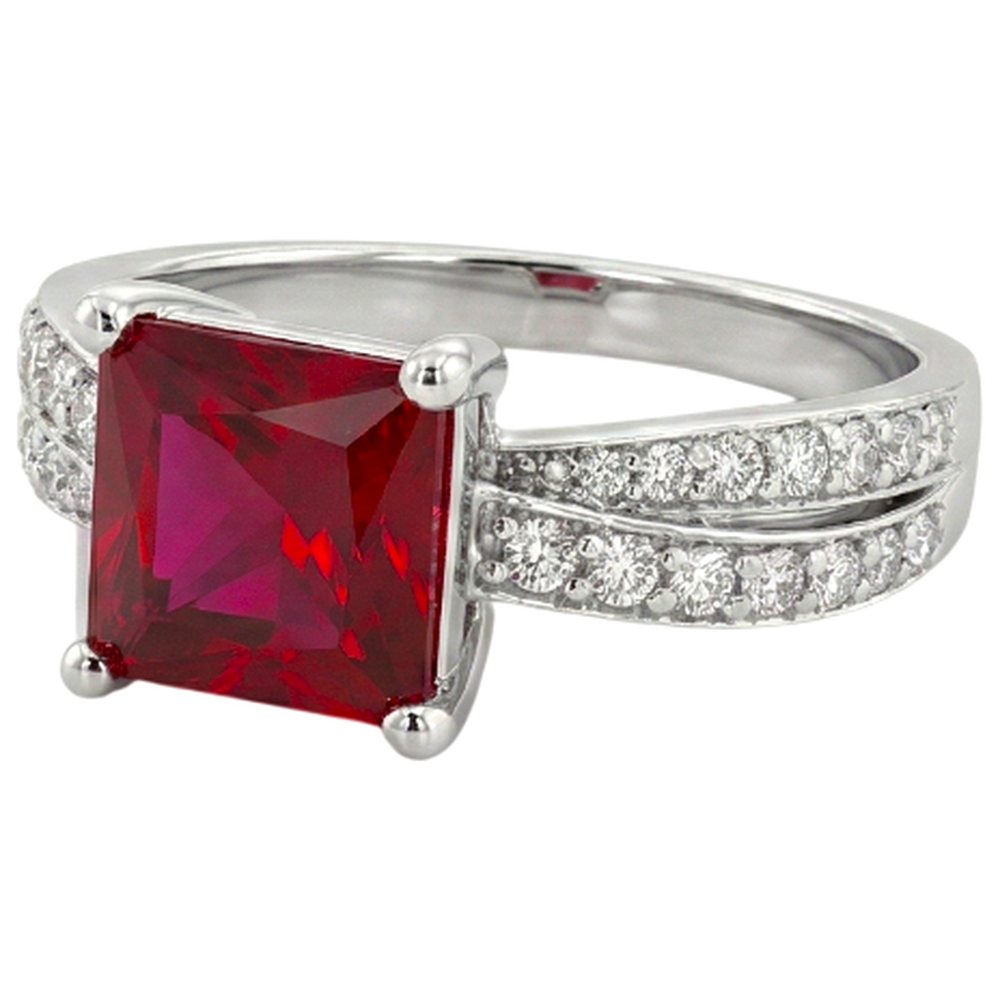 Princess Cut Red Ruby With Natural Earth Mined DIAMOND ( NOT LAB GROWN )s 4.10 Ct. Ring White Gold 14K