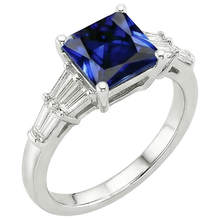 Princess Cut Sapphire Ring With Tapered Baguettes 4.50 Carats Gold 14K