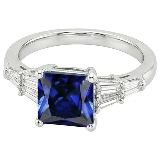 Princess Cut Sapphire Ring With Tapered Baguettes 4.50 Carats Gold 14K