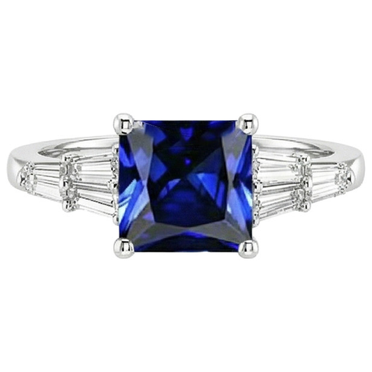 Princess Cut Sapphire Ring With Tapered Baguettes 4.50 Carats Gold 14K