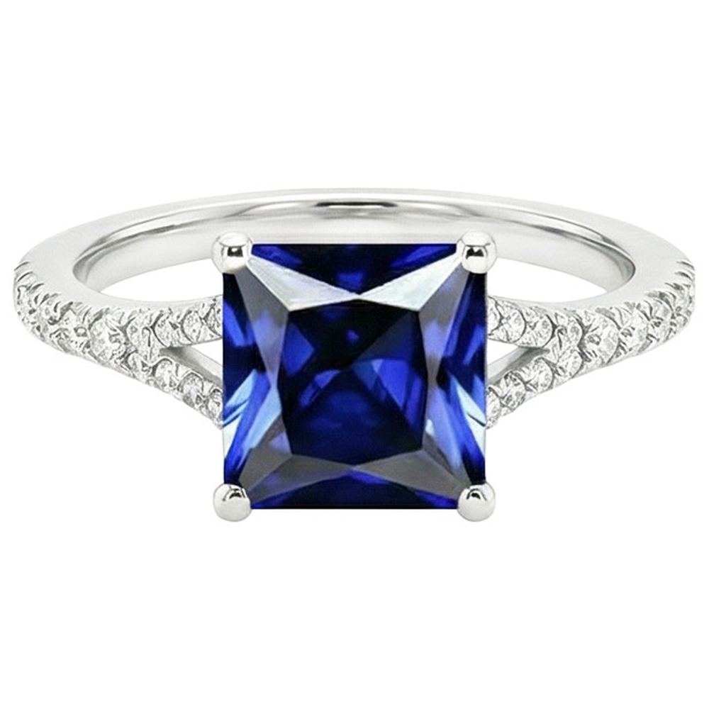 Princess Cut Solitaire Gemstone Ring With Pave Natural Earth Mined Diamond Accents 6 Carat