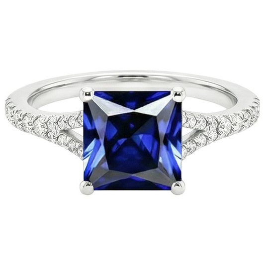 Princess Cut Solitaire Gemstone Ring With Pave Natural Earth Mined Diamond Accents 6 Carat