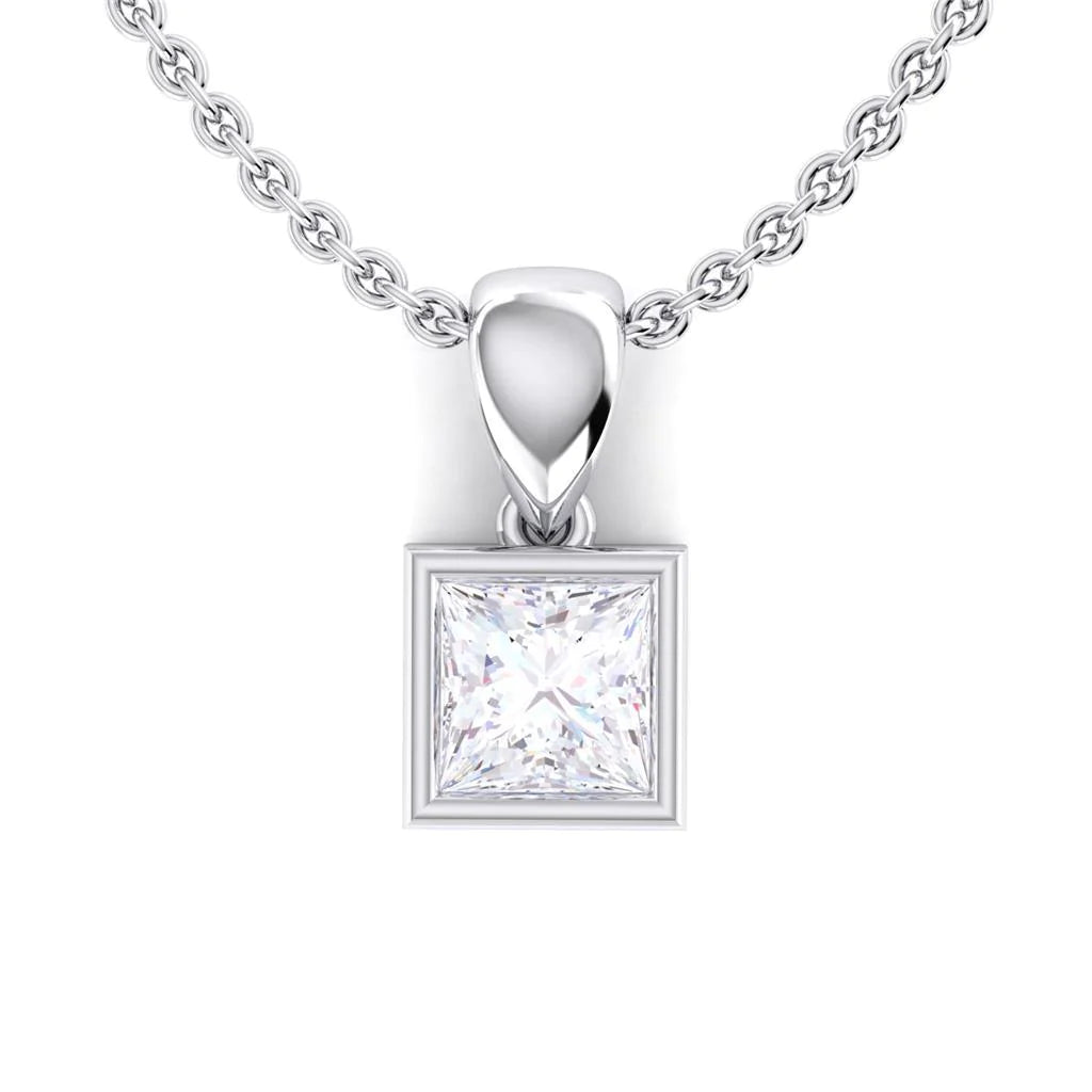 Princess Cut White Gold Bezel Set Real Diamond Necklace Pendant 2.15 Ct