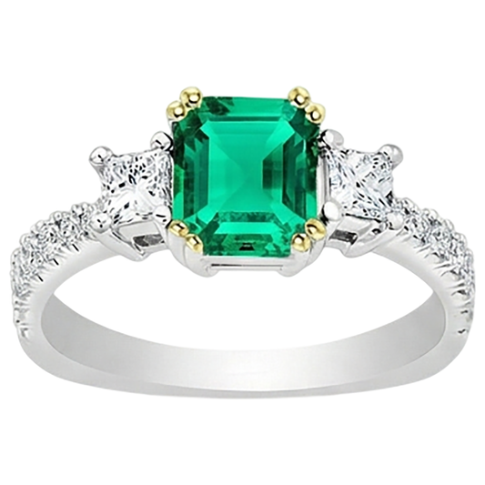 Fine Emerald Step Cut Gemstone Ring in 14 Karat Two Tone Gold – front view